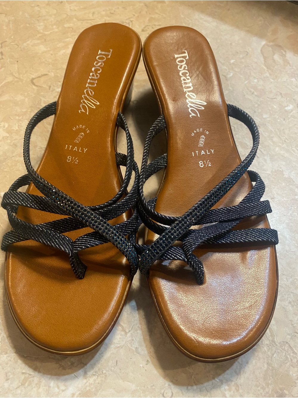 Toscanella Blue Strappy Slide Sandals with Tan Footbed